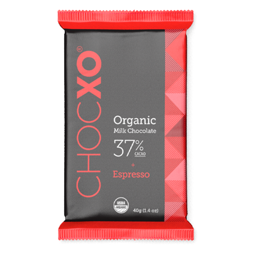 Picture of ChocXO Organic 37% Milk Chocolate + Espresso Bar, 12x40g
