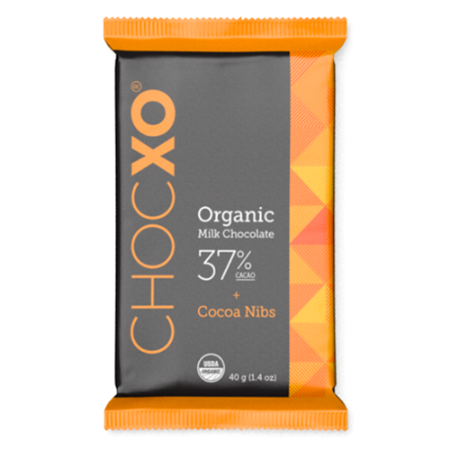 Picture of ChocXO Organic 37% Milk Chocolate Cocoa Nibs Bar, 12x40g