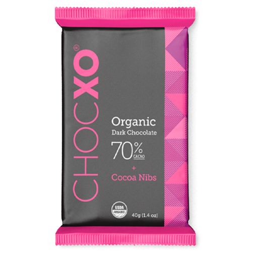 Picture of ChocXO Organic 70% Dark Chocolate Cocoa Nibs Bar, 12x40g